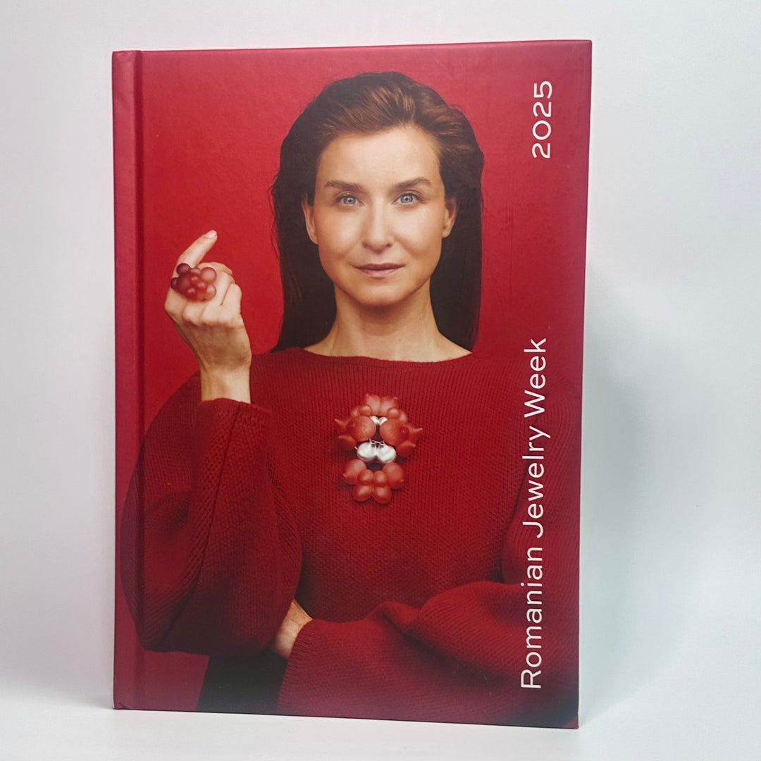 Romanian Jewelry Week 2025 book cover with a woman wearing red jewellery
