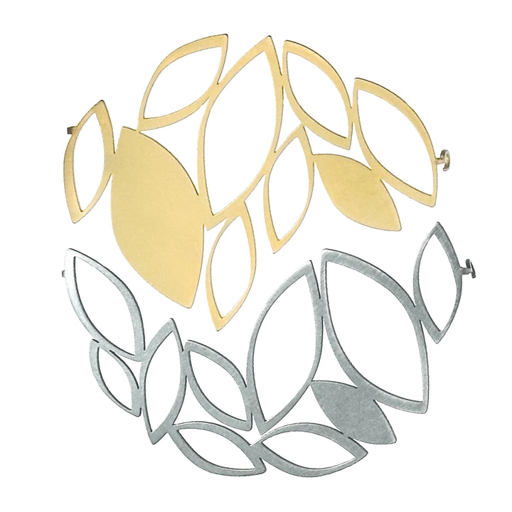 X2 Stillness Brooch Set with small Matt Gold brooch and large Raw stainless steel brooch